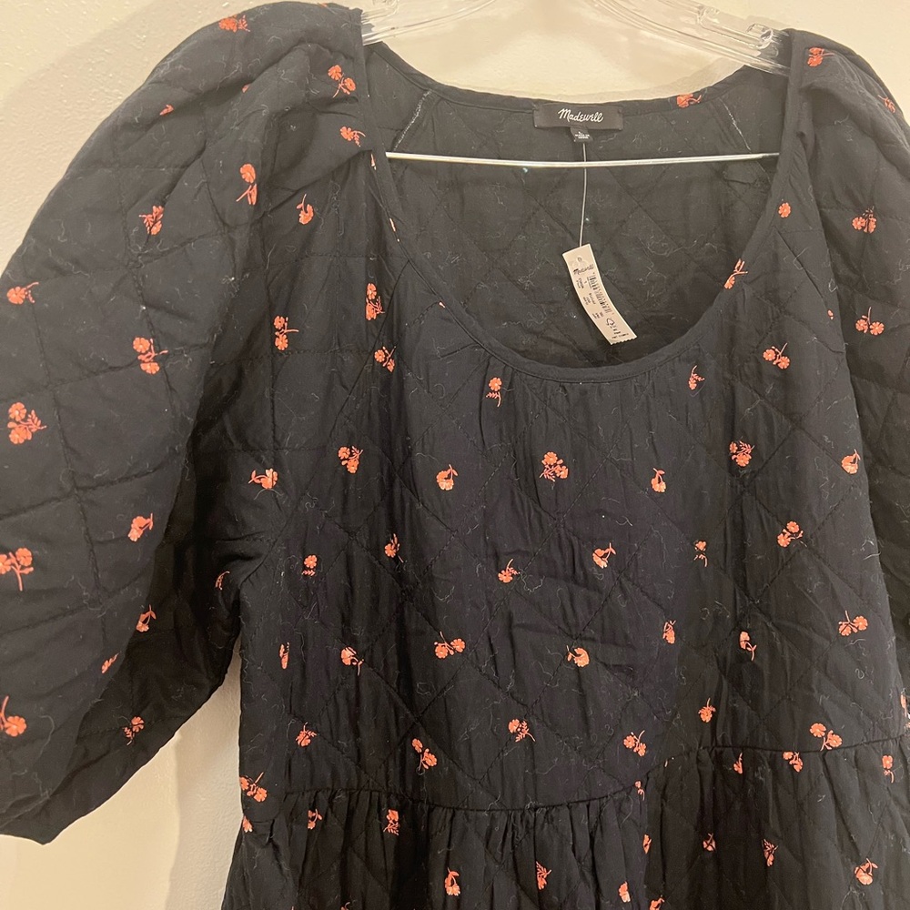 NWT Madewell Large Quilted Black Dress Red Floral with Pockets Scoop Neck - Picture 2 of 6
